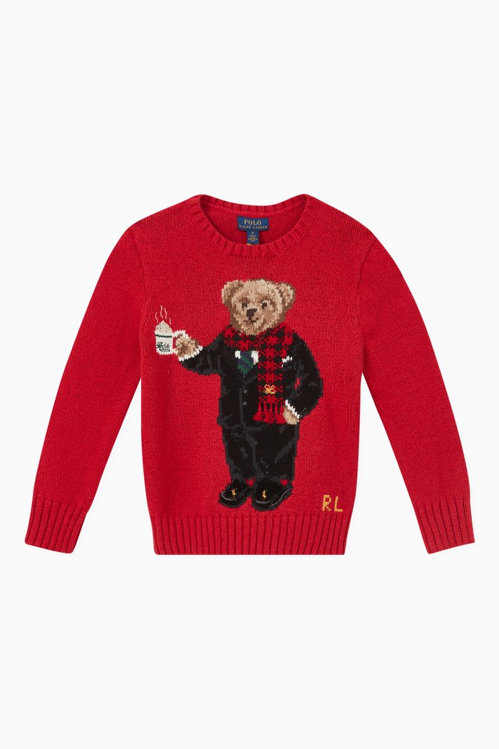 

Polo Bear Sweater in Ribbed Knit, Red