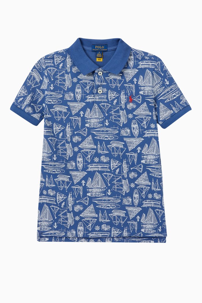 

Graphic Print Logo Polo T-shirt in Cotton, Blue
