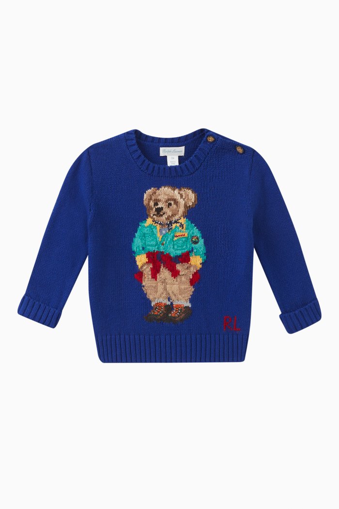 Knitted Polo Bear Sweater in Cotton Wool, Blue