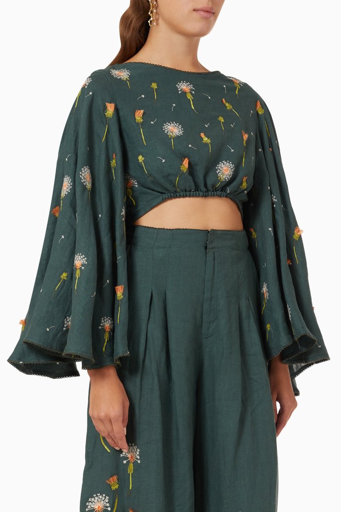 

Sauce Embroidered Crop Top in Linen, Green