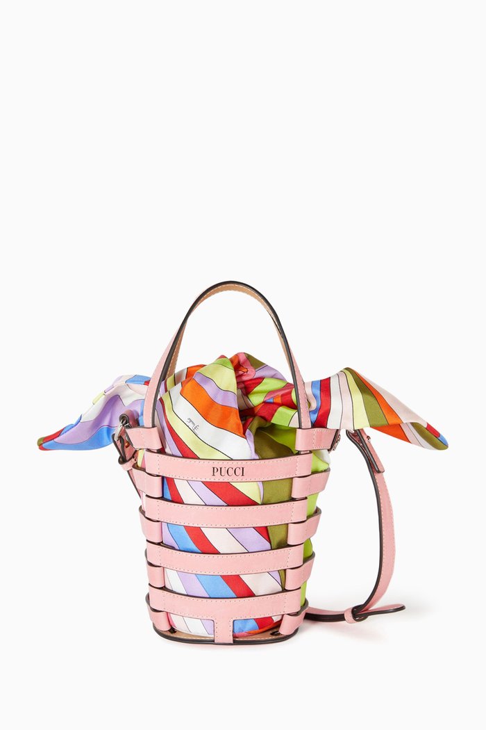 

Small Lido Bucket Bag in Leather & Silk, Pink