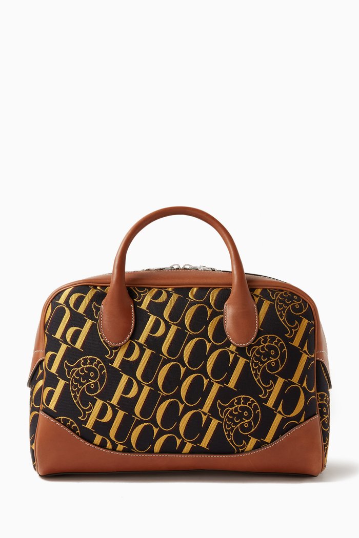 

Bowling Bag in Logo Jacquard & Leather, Brown