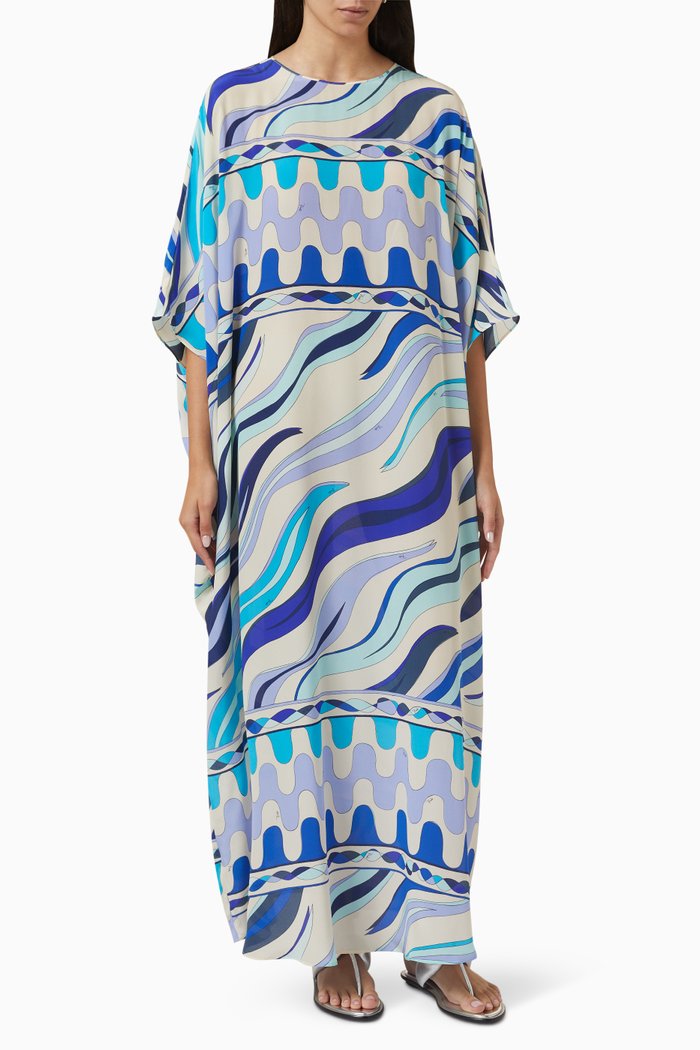 

Printed Kaftan in Silk Crepe de Chine, Blue