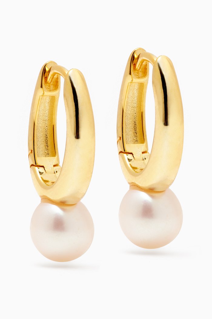 Dangling Pearl Huggies in Gold-plated Sterling Silver, Yellow