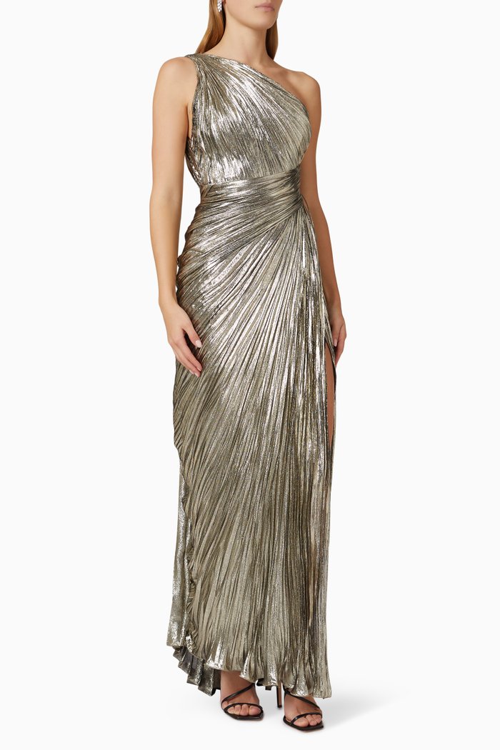 

Jolene One-shoulder Pleated Gown in Metallic Silk-tulle, Silver