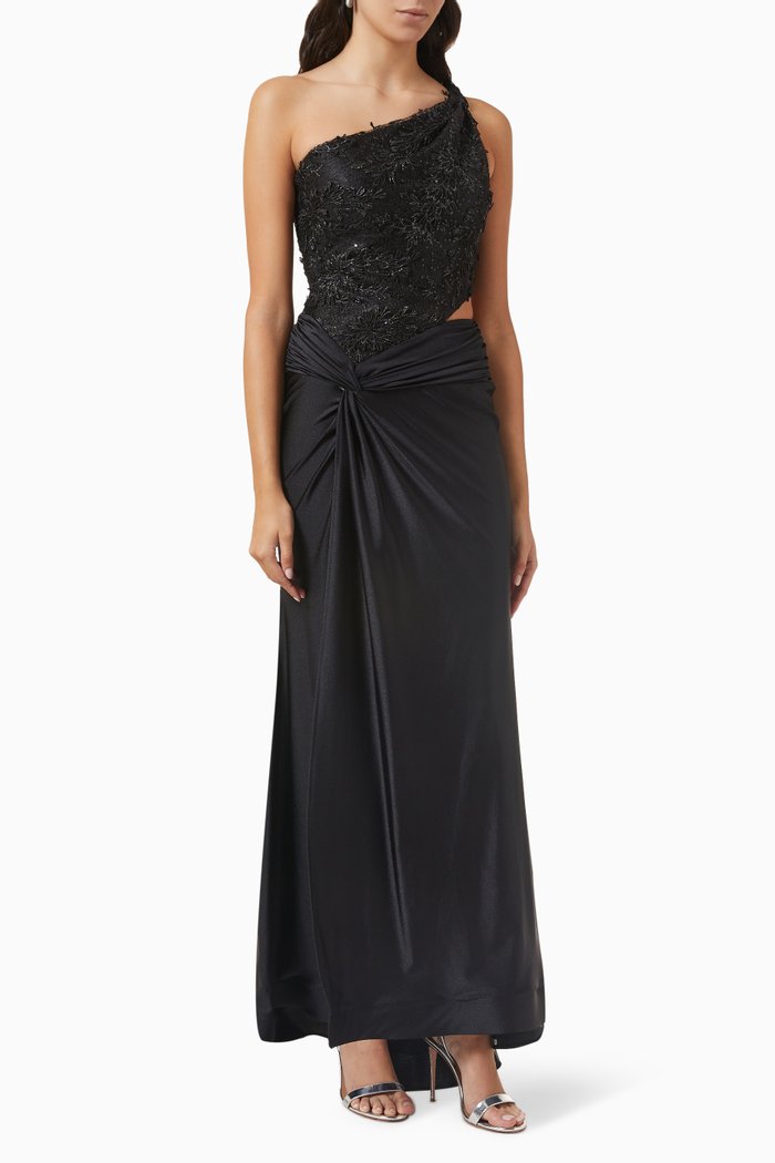 

One-shoulder Gown in Jersey, Black