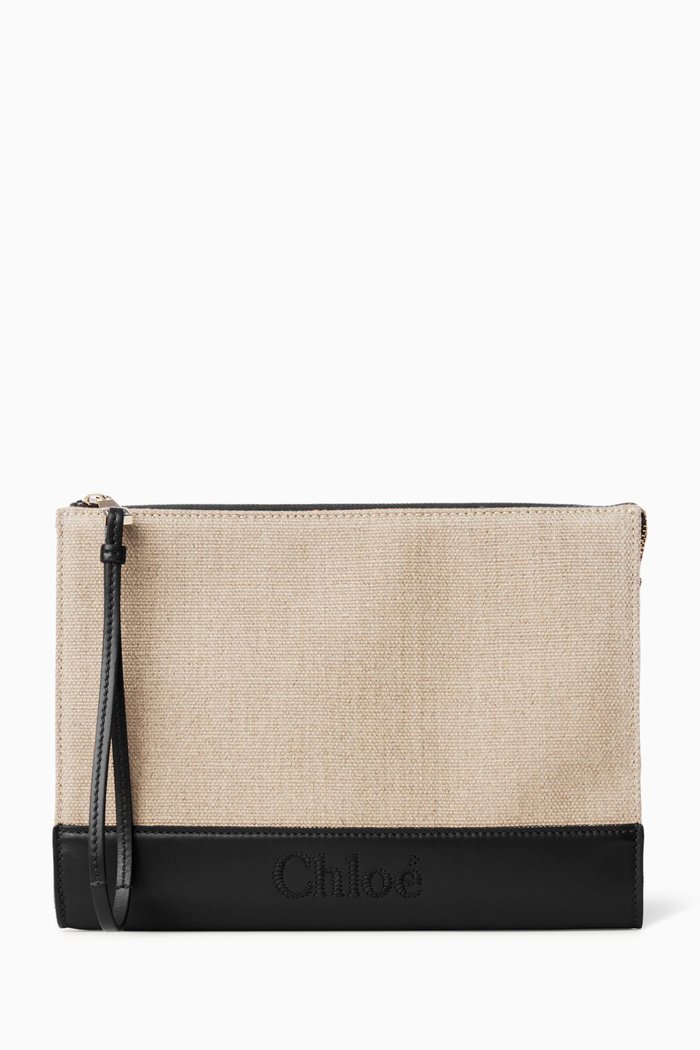 

Sense Zippered Pouch in Linen & Leather, Black