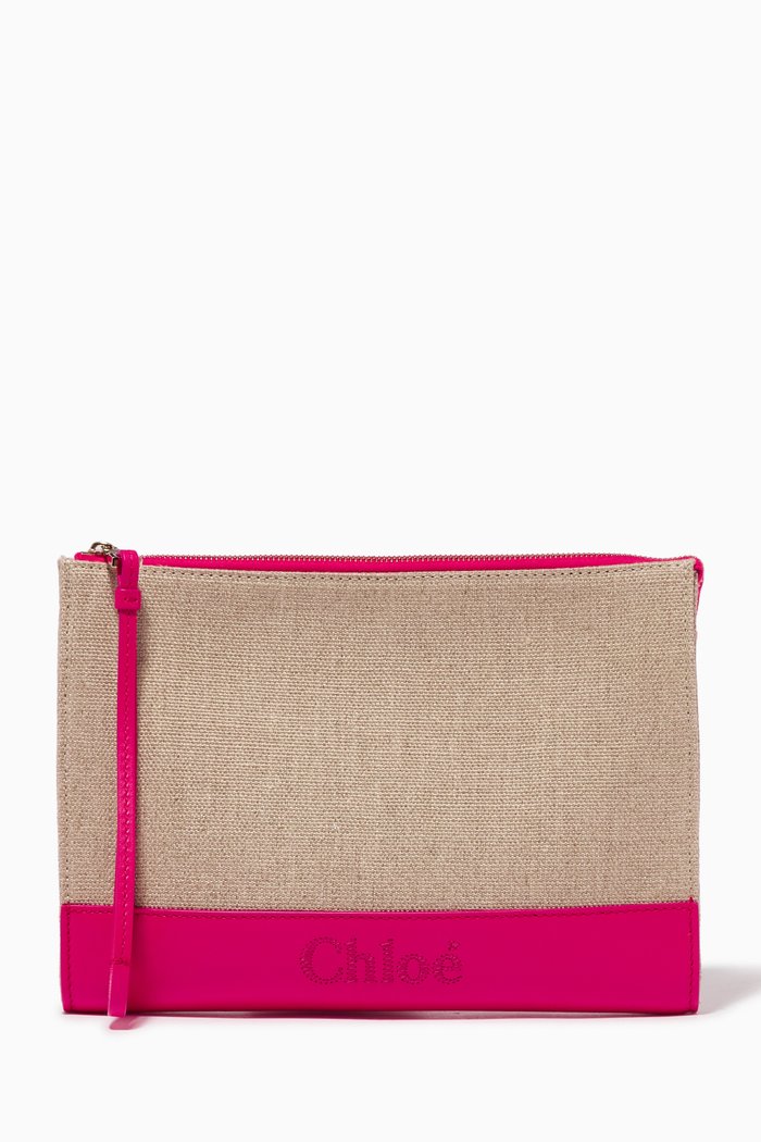 

Sense Zippered Pouch in Linen & Leather, Pink