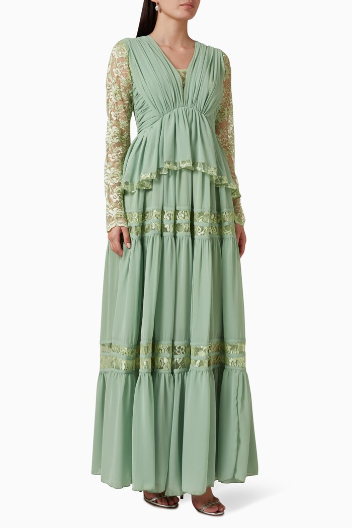 Tiered Maxi Dress in Crêpe & Lace, Green