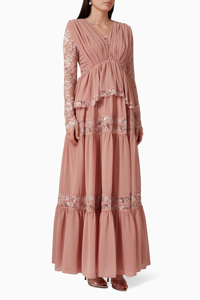 

Tiered Maxi Dress in Crêpe & Lace, Pink