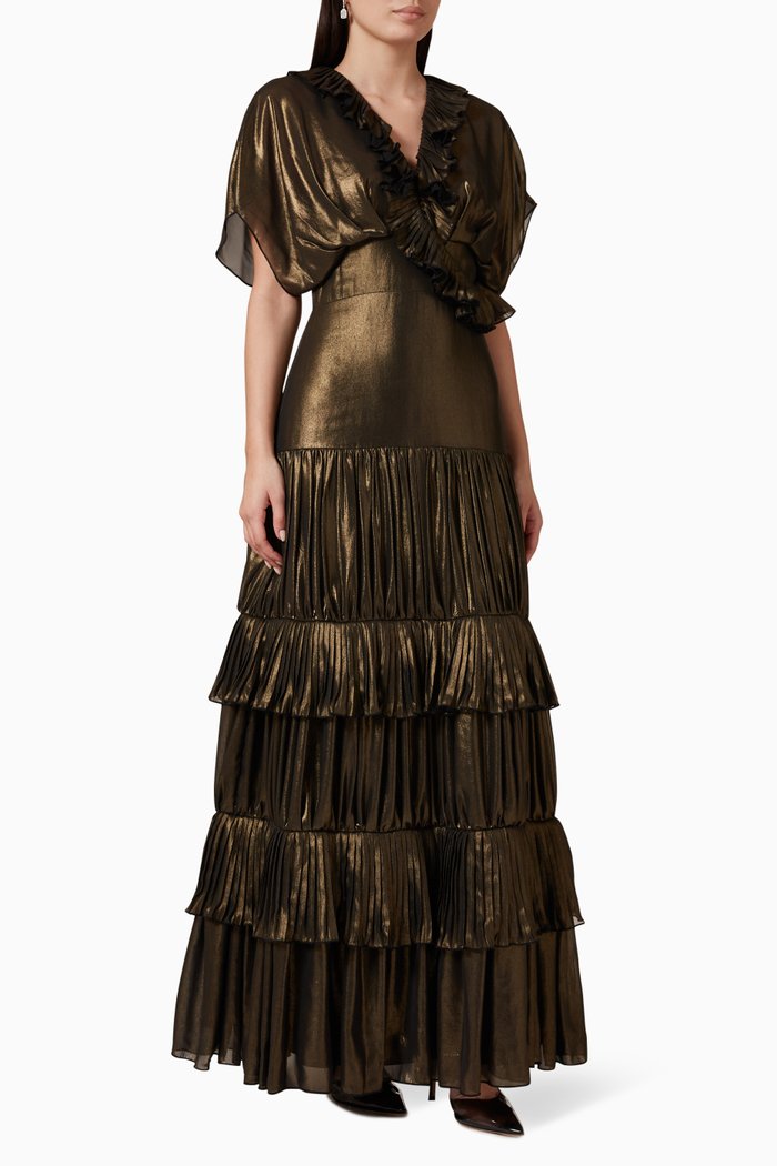

Metallic-finish Tiered Maxi Dress, Gold
