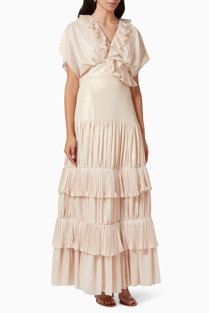 

Metallic-finish Tiered Maxi Dress, Neutral