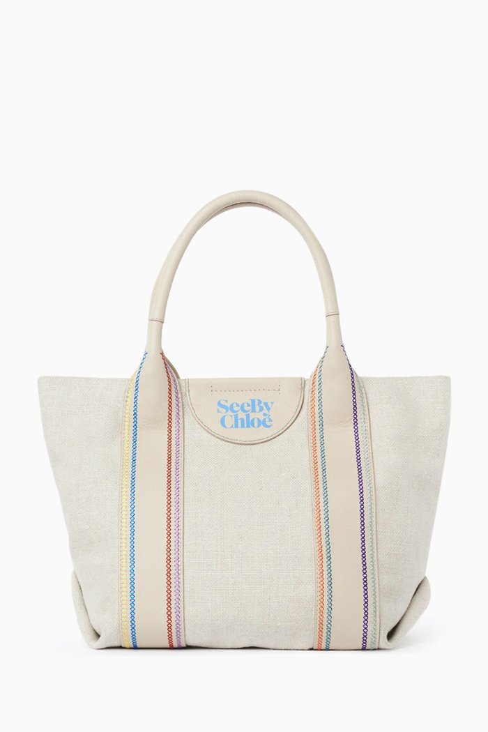 Small Laetizia Tote Bag in Recycled Canvas & Leather, Neutral