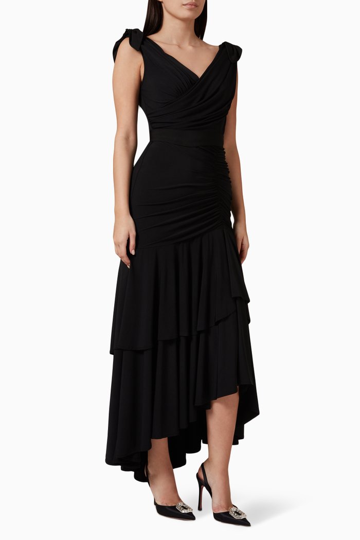 

Tiered Asymmetric Maxi Dress, Black