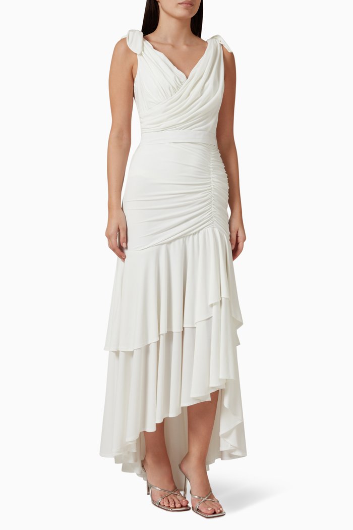 

Tiered Asymmetric Maxi Dress, White