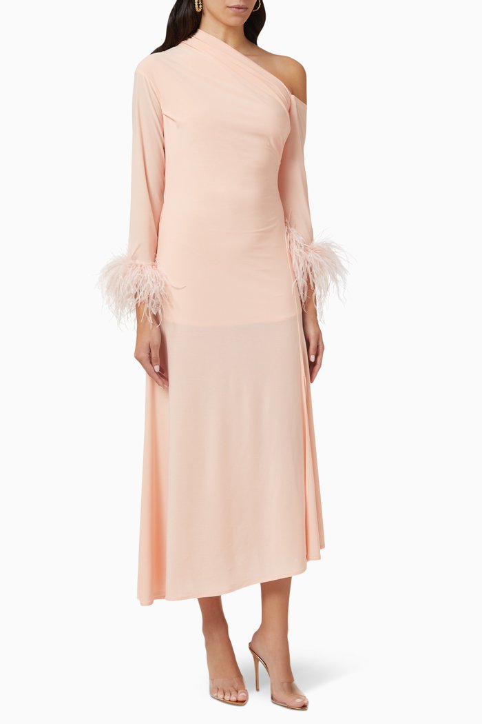 

Fur-trim One-shoulder Midi Dress, Pink