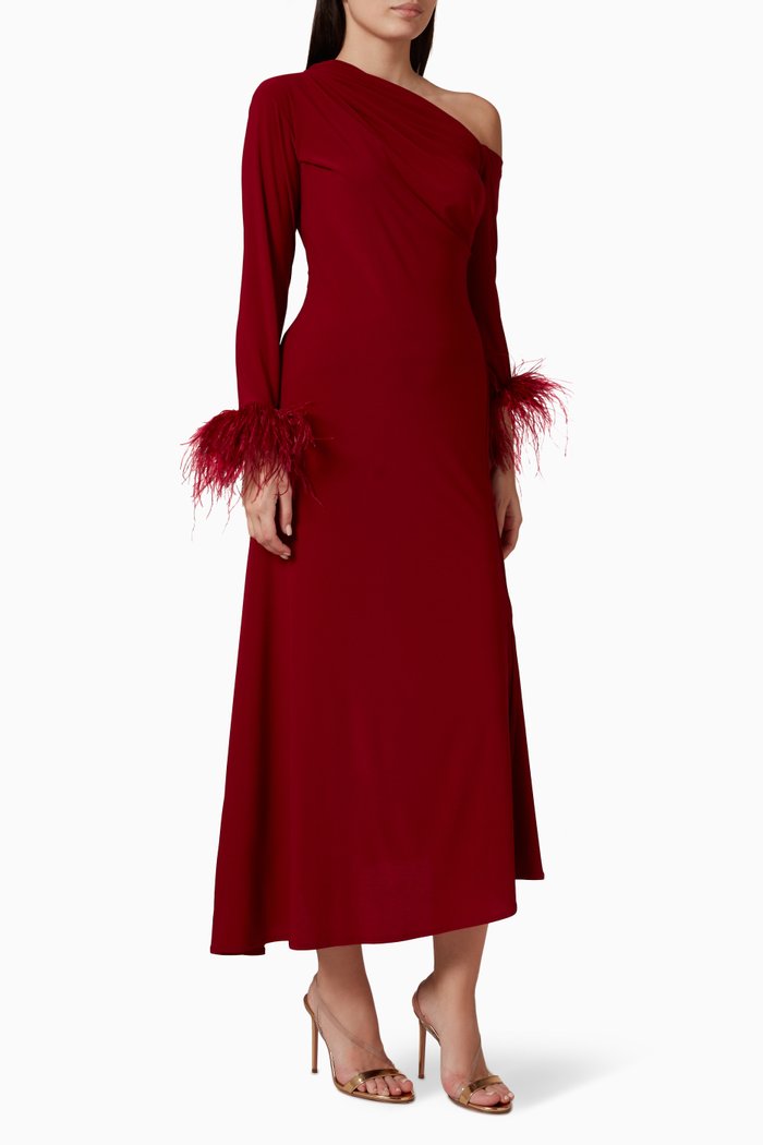 

Fur-trim One-shoulder Midi Dress, Red