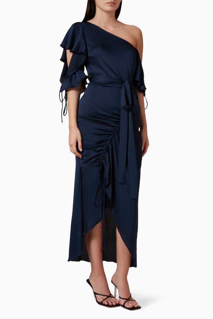 

One-shoulder Belted Midi Dress, Blue