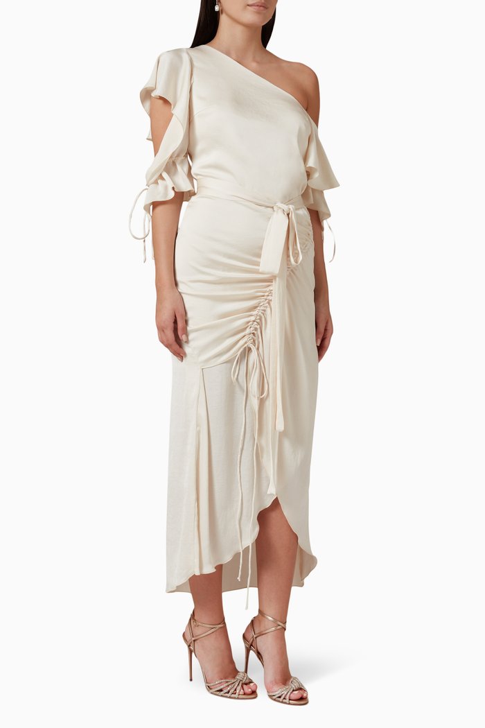 

One-shoulder Belted Midi Dress, Neutral
