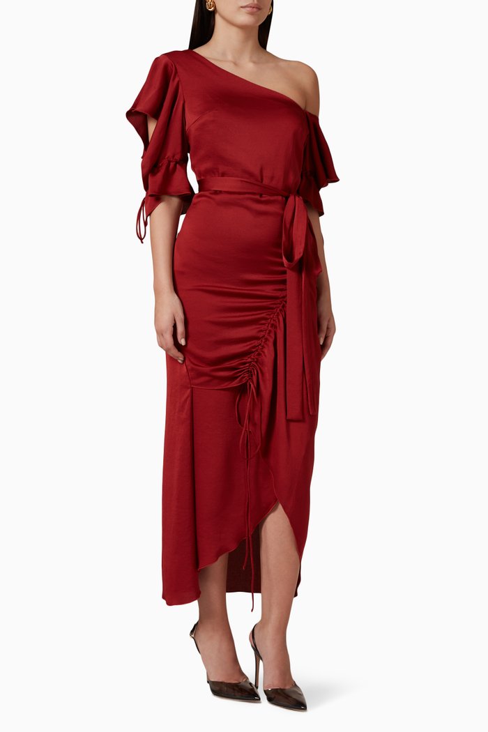 

One-shoulder Belted Midi Dress, Red