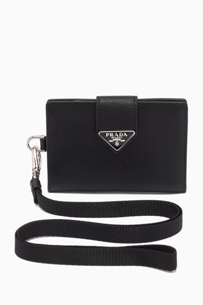 

Triangle Logo Card & Badge Holder in Saffiano Leather, Black