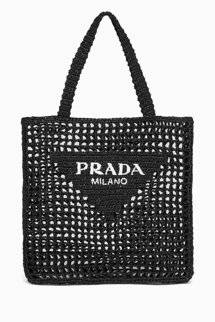 Logo Tote Bag in Raffia, Black