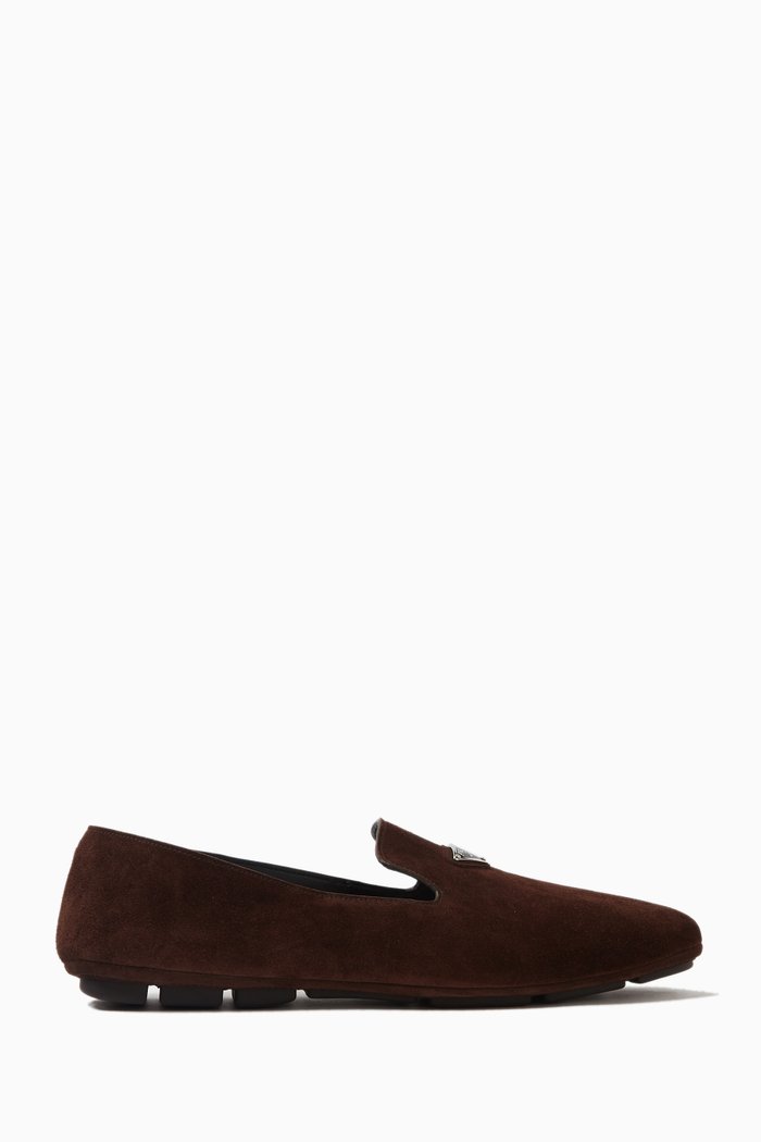 Triangle Logo Loafers in Suede, Brown