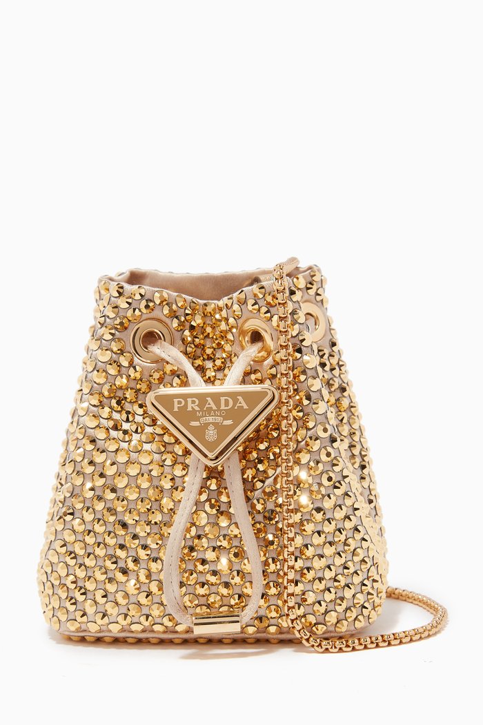 

Mini Bucket Bag in Crystal-embellished Satin, Gold