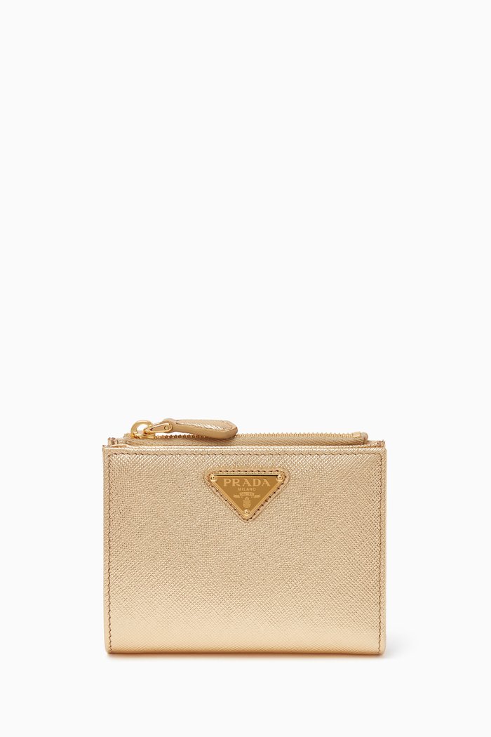 

Minutera Logo Wallet in Saffiano Metallic Leather, Gold