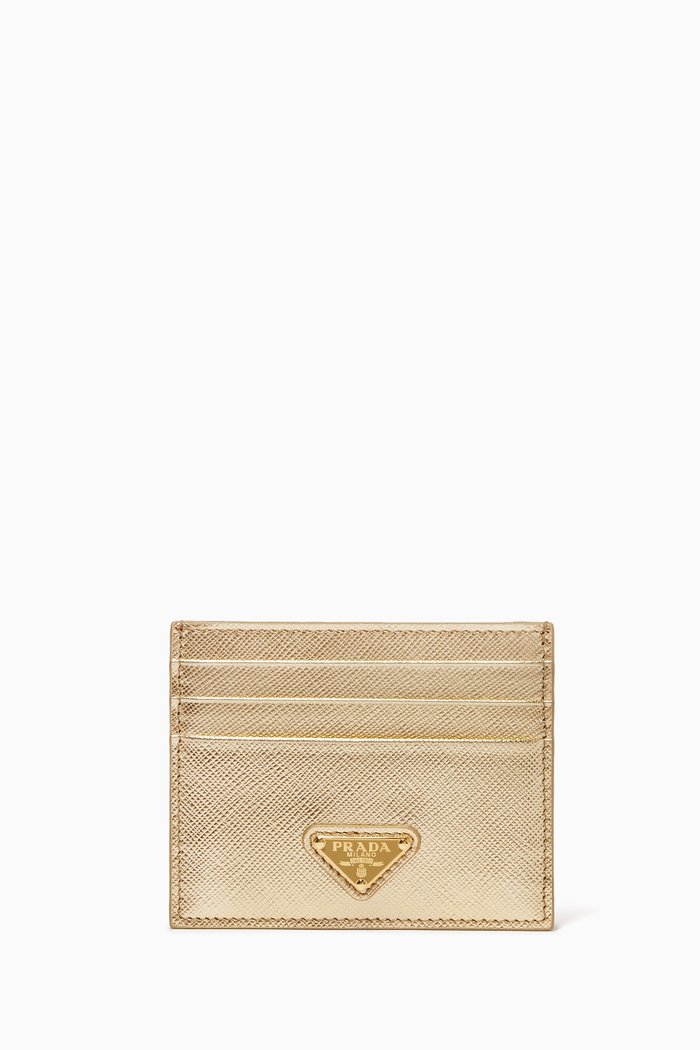 

Triangle Logo Card Holder in Metallic Saffiano Leather, Gold