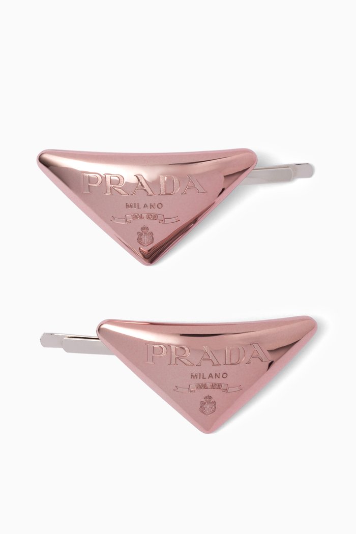 

Triangle Logo Hair Clip in Brass, Pink