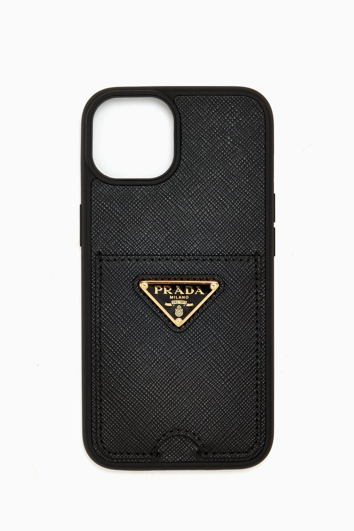 

Triangle Logo iPhone 14 Case in Saffiano Leather, Black