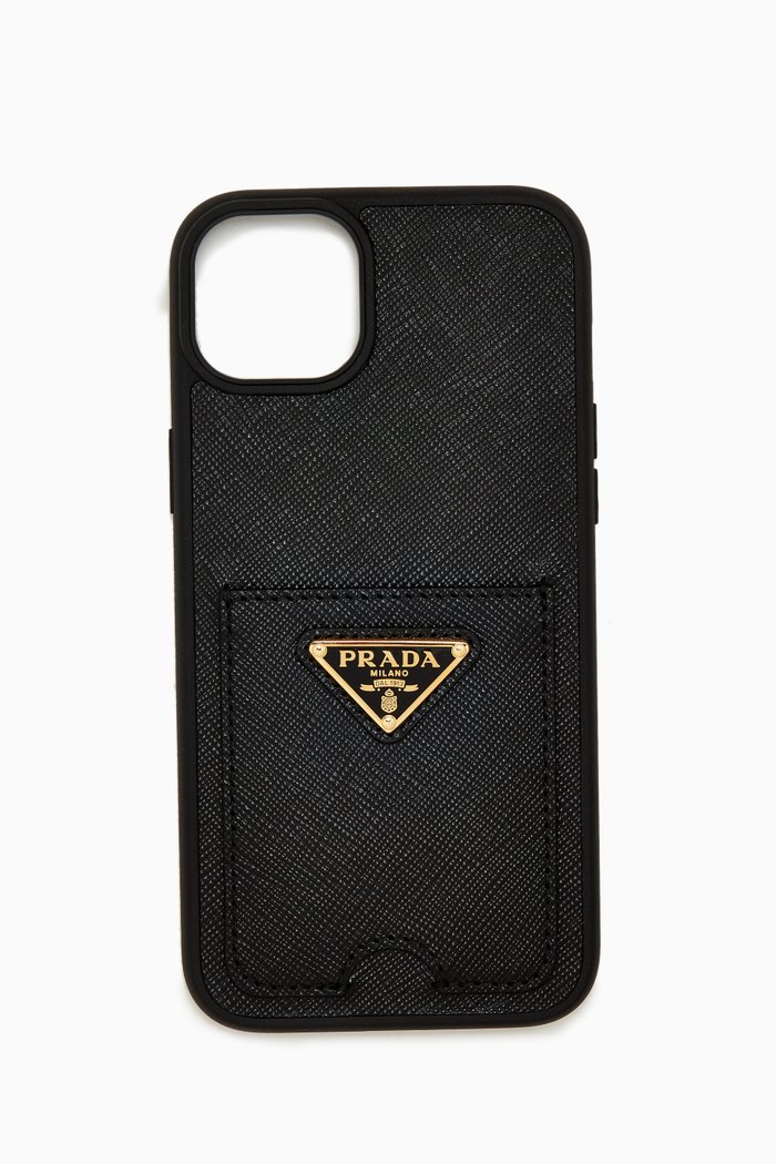 

Triangle Logo iPhone 14 Max Case in Saffiano Leather, Black