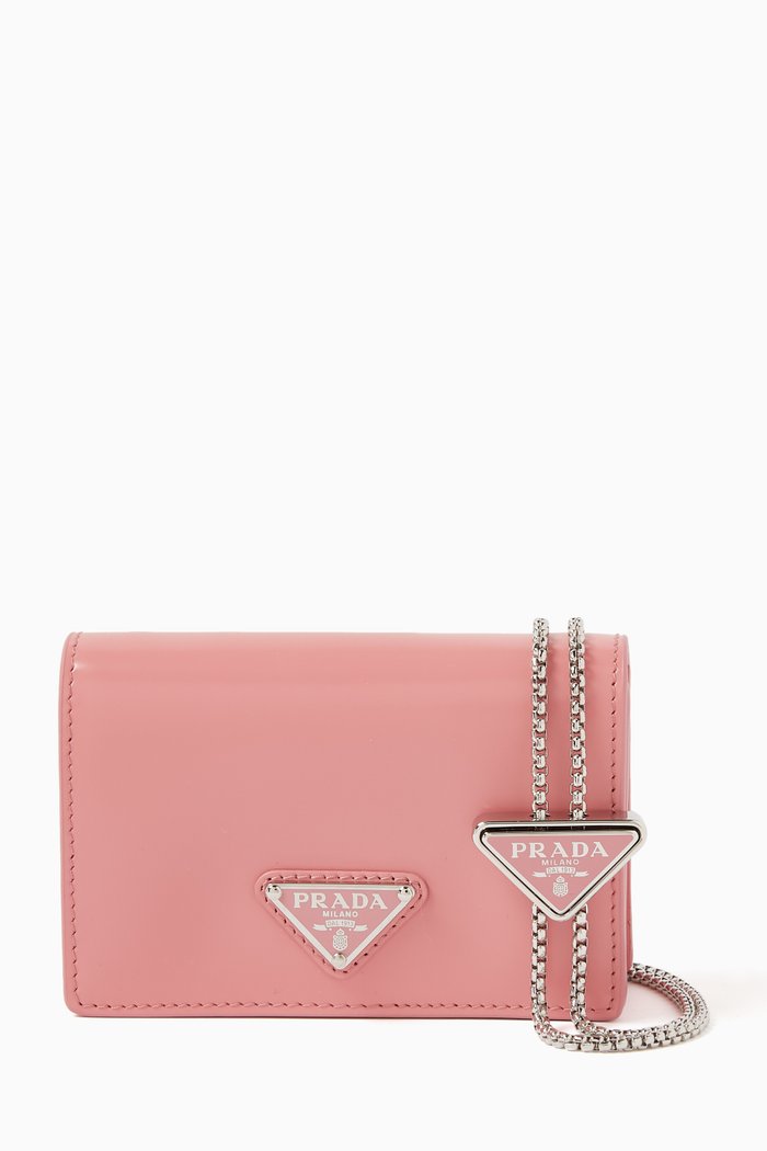 

Triangle Logo Wallet on Chain in Brushed Leather, Pink