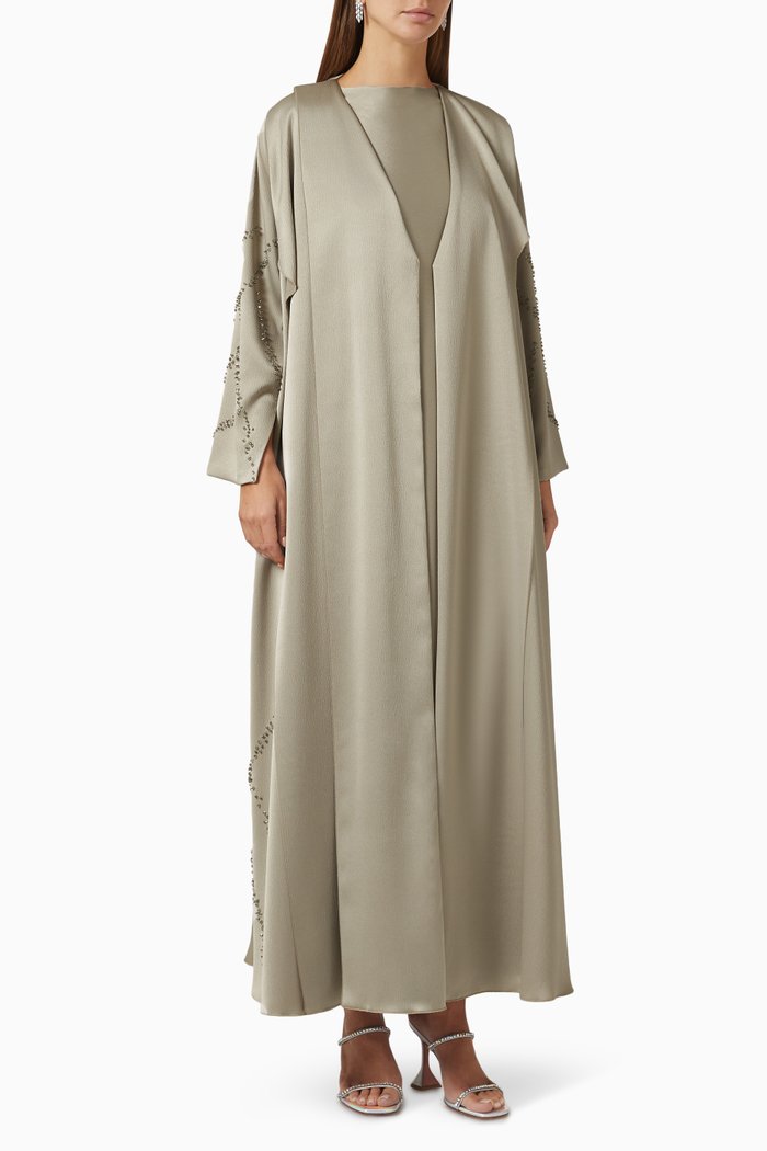 

Bead-embellished Abaya Set in Satin, Brown