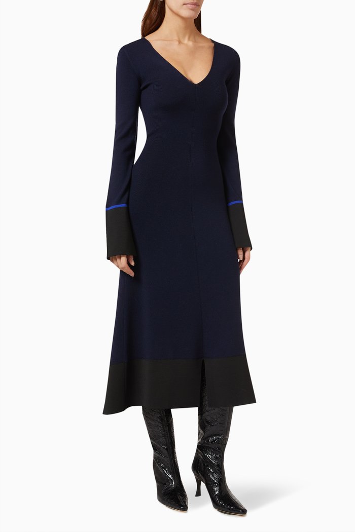 

V-neck Midi Dress in Merino Wool-blend Knit, Blue