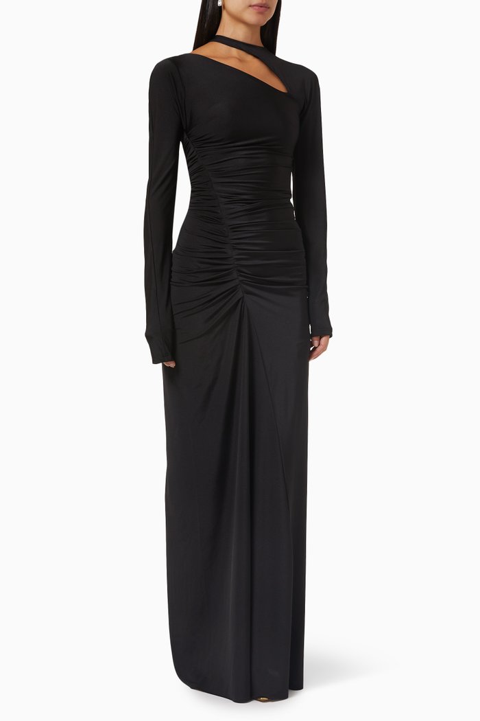 

Asymmetric Ruched Maxi Dress in Jersey, Black