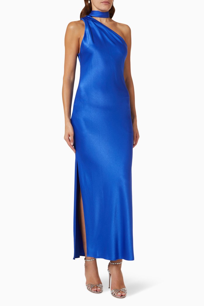 

Leola One-shoulder Maxi Dress in Satin, Blue