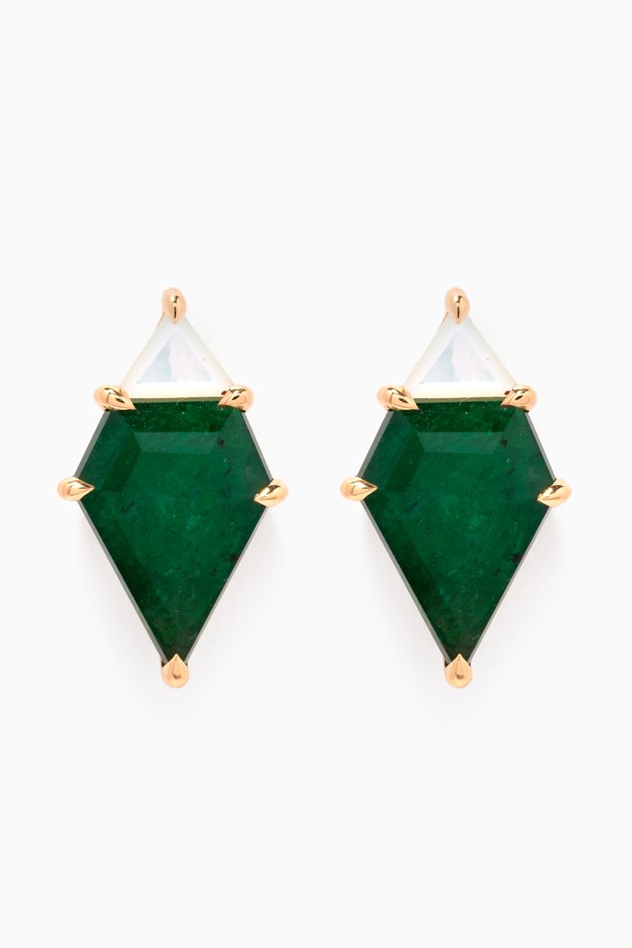 Emerald & Mother of Pearl Shield Stud Earrings in 18kt Gold, Yellow