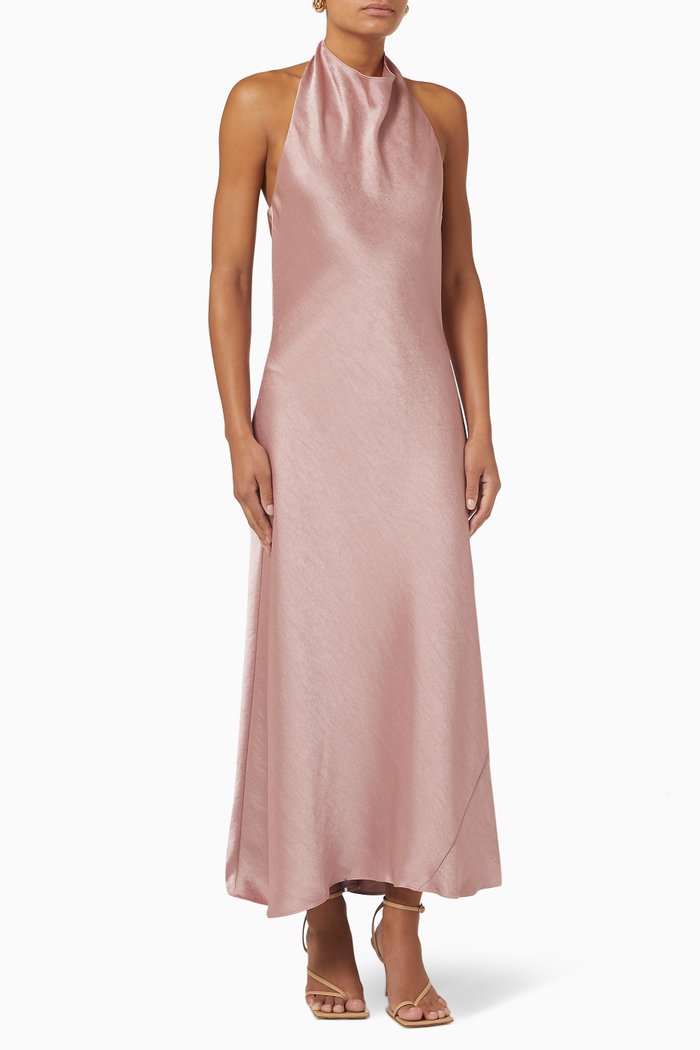 

Cowl Halterneck Maxi Dress in Satin, Pink