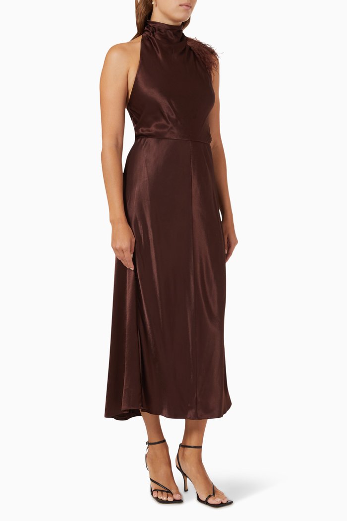 

Feathered Halter Midi Dress in Viscose, Black