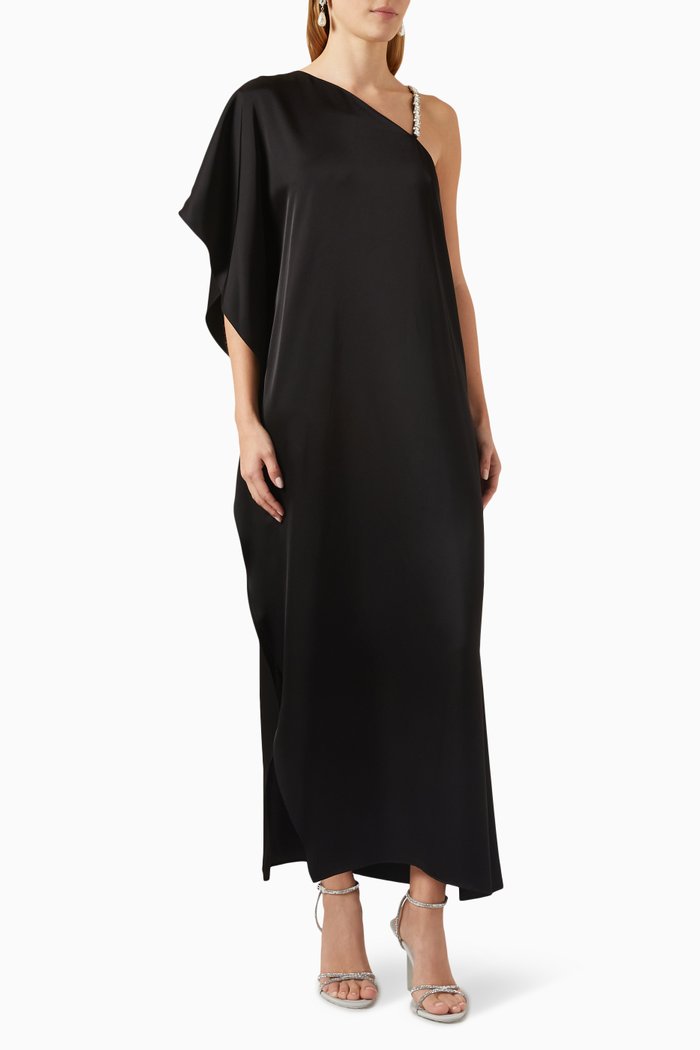

Tae Crystal Asymmetrical Maxi Dress in Satin, Black