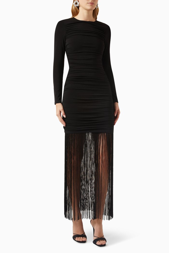 

Katherina Fringed Maxi Dress in Ruched-fabric, Black