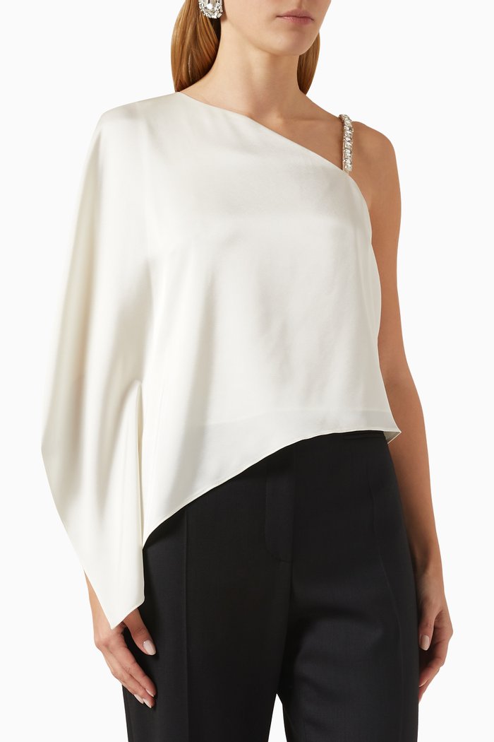 Riko Crystal One-shoulder Top in Satin, White