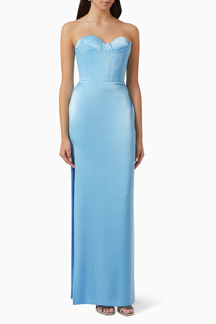 

Honore Corset Column Maxi Dress in Satin Crepe, Blue