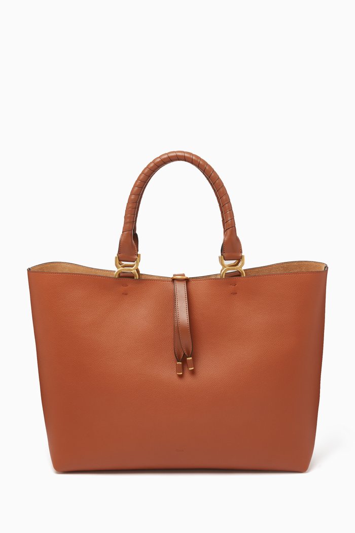 Medium Marcie Tote Bag in Calfskin Leather, Brown