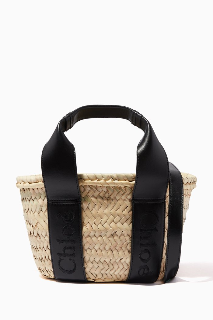 

Chloé Sense Small Basket Bag in Raffia & Leather, Black