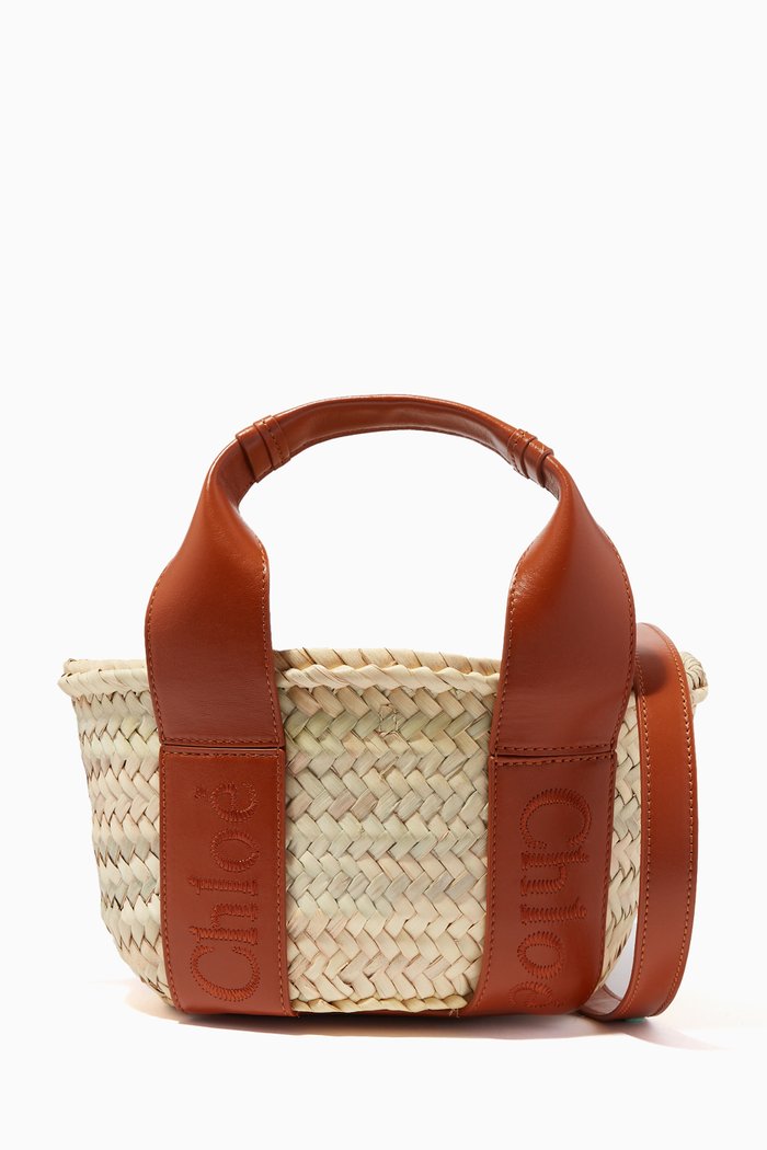 

Chloé Sense Small Basket Bag in Raffia & Leather, Brown