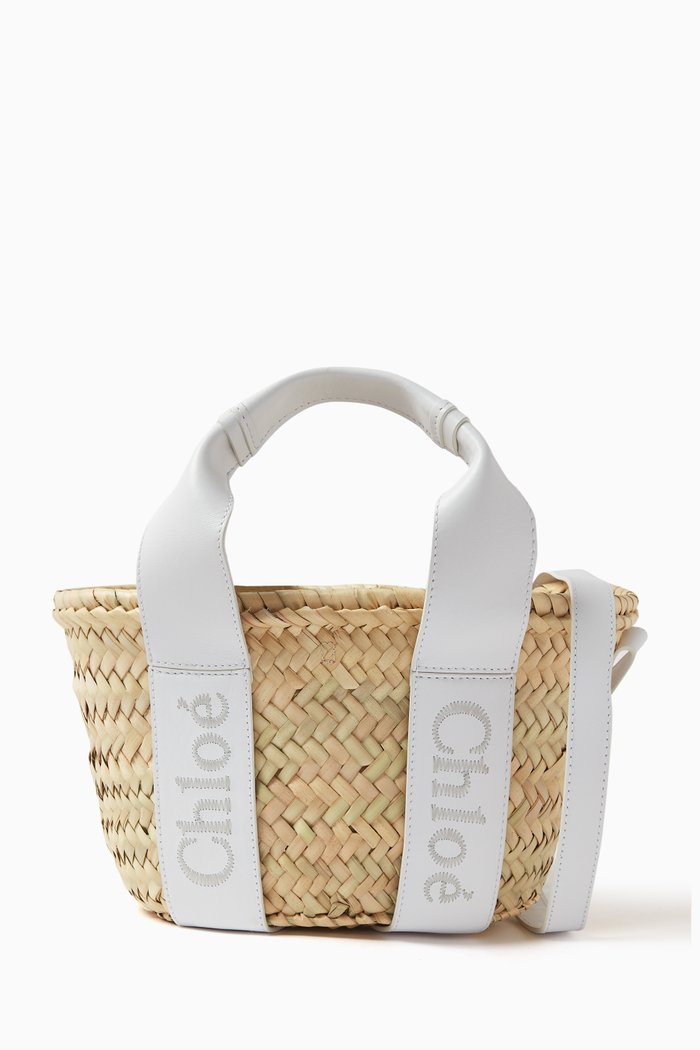 

Small Chloé Sense Basket Bag in Raffia & Leather, White