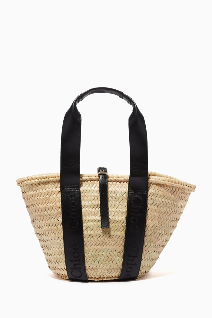 

Chloé Sense Medium Basket Bag in Raffia & Leather, Black